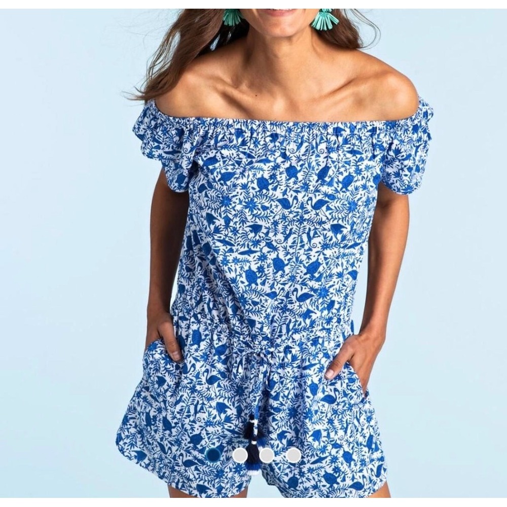 Vineyard Vines Blue White Coastal Tropical Print Romper Medium